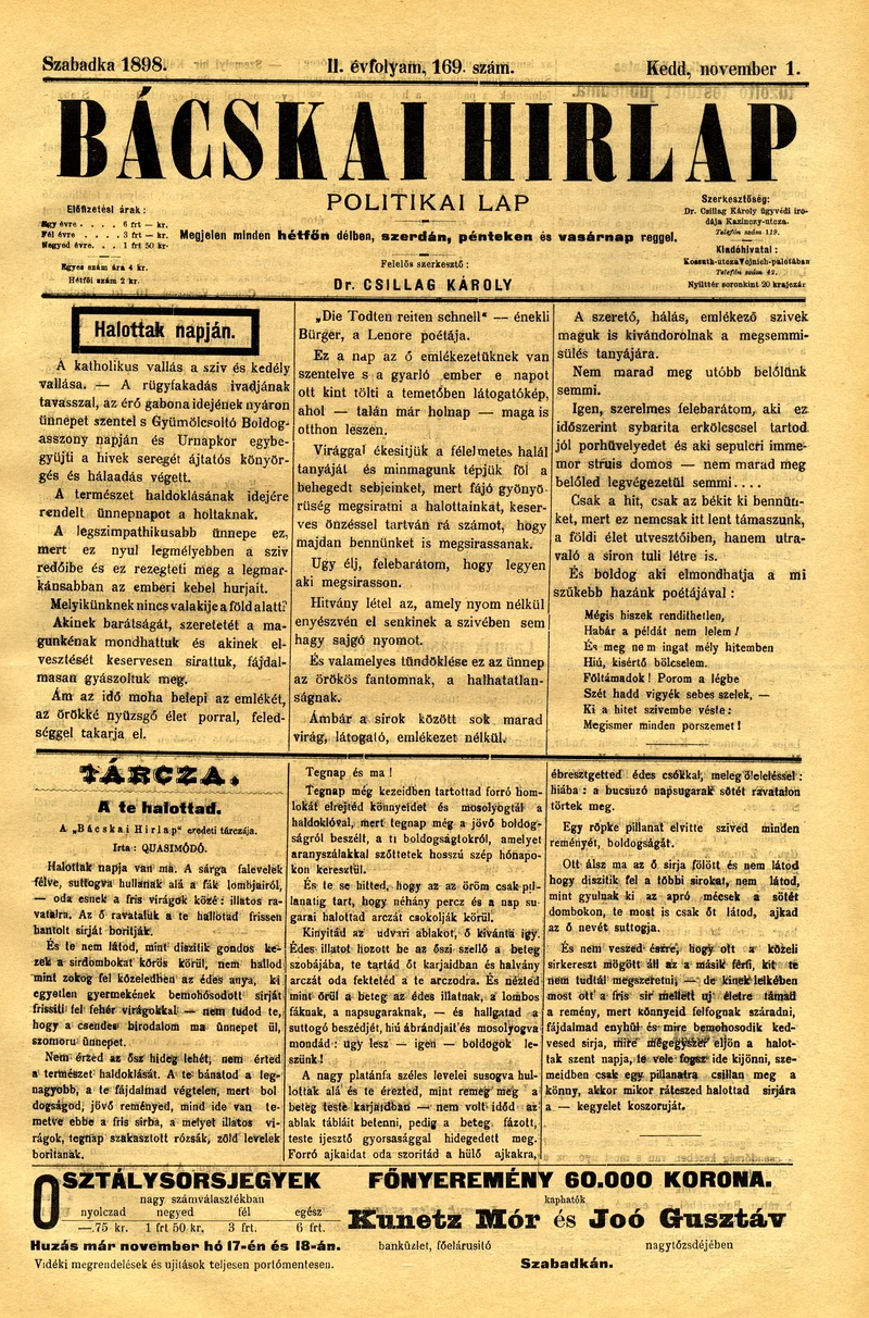 Bácskai Hirlap, 2. évf. 1898. november 1. 169. sz. 1–4. oldal
