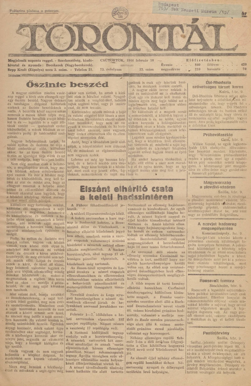 Torontál, 73. évf. 1944. február 10. 33. sz.