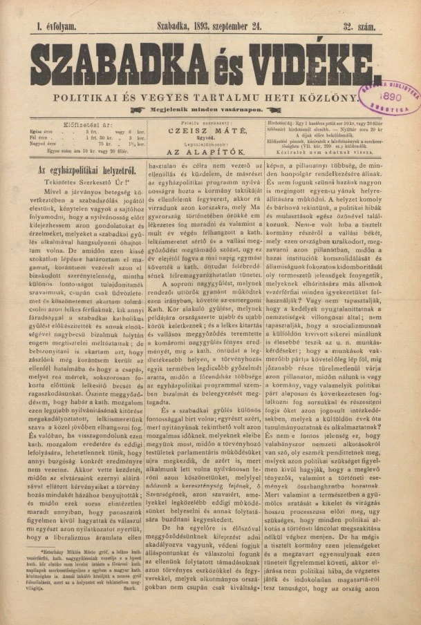Szabadka és vidéke II, 1. évf. 1893. szeptember 24. 32. sz.