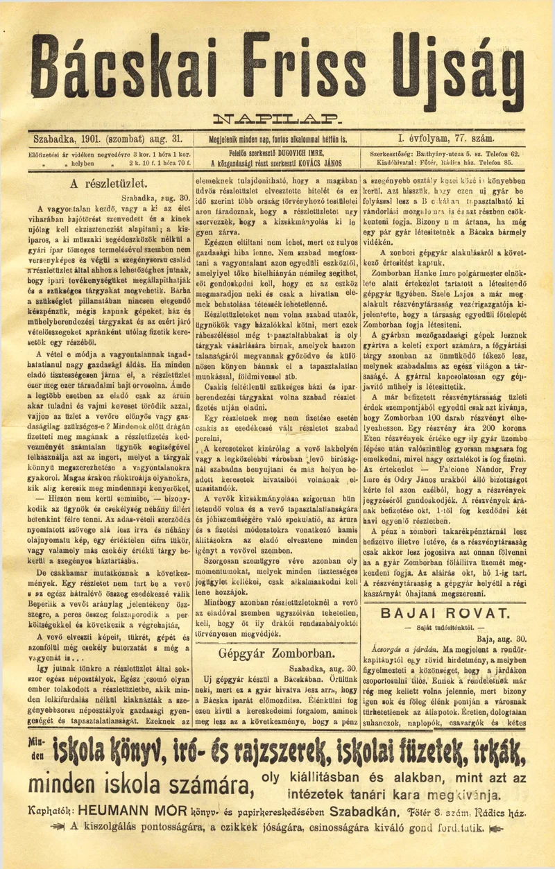 Bácskai Friss Ujság, 1. évf. 1901. augusztus 31. 77. sz.