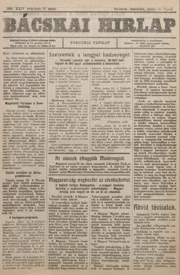 Bácskai Hirlap, 24. évf. 1920. június 25. 97. sz.