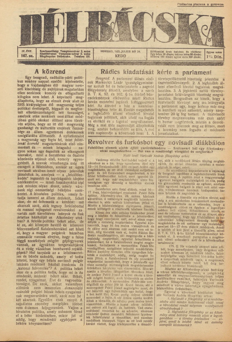 Délbácska, 4. évf. 1923. július 24. 167. sz.