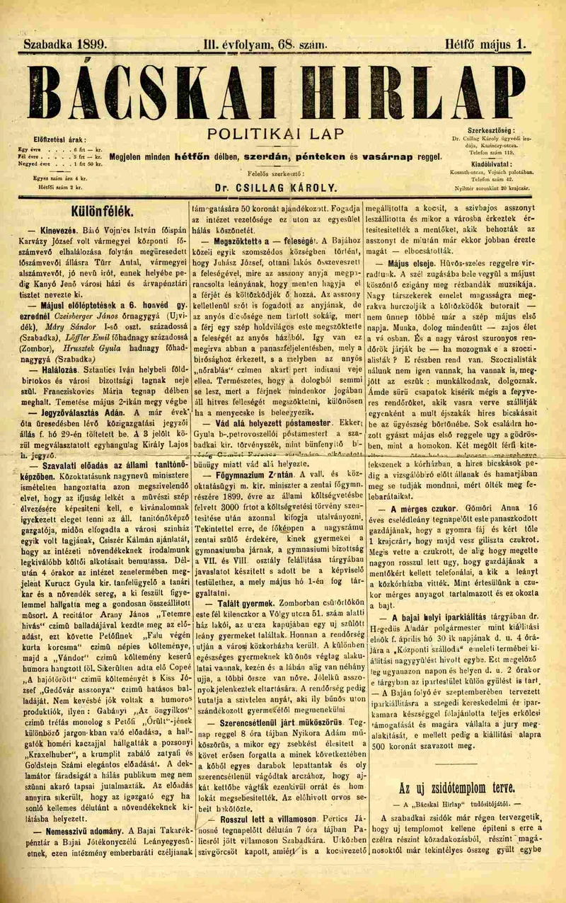 Bácskai Hirlap, 3. évf. 1899. május 1. 68. sz.