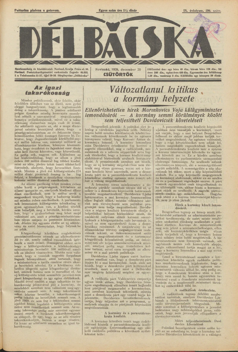 Délbácska, 9. évf. 1928. december 20. 296. sz.