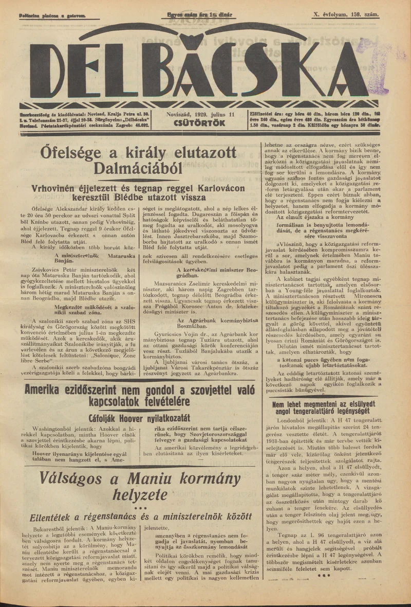 Délbácska, 10. évf. 1929. július 11. 159. sz.
