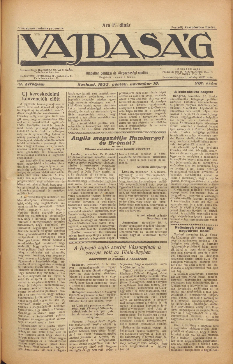 Vajdaság, 3. évf. 1923. november 16. 261. sz.