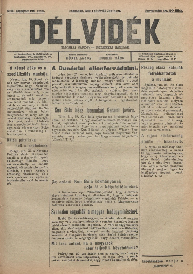 Délvidék, 13. évf. 1919. június 26. 120. sz.