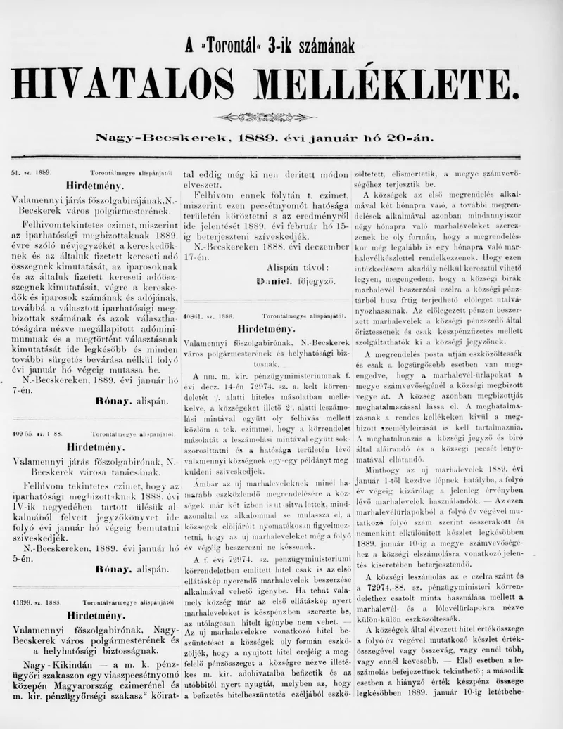 A Totontál  hivatalos melléklete, 2. évf. 1889. január 20. 3. sz.