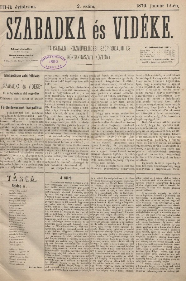 Szabadka és vidéke, 3. évf. 1879. január 12. 2. sz.