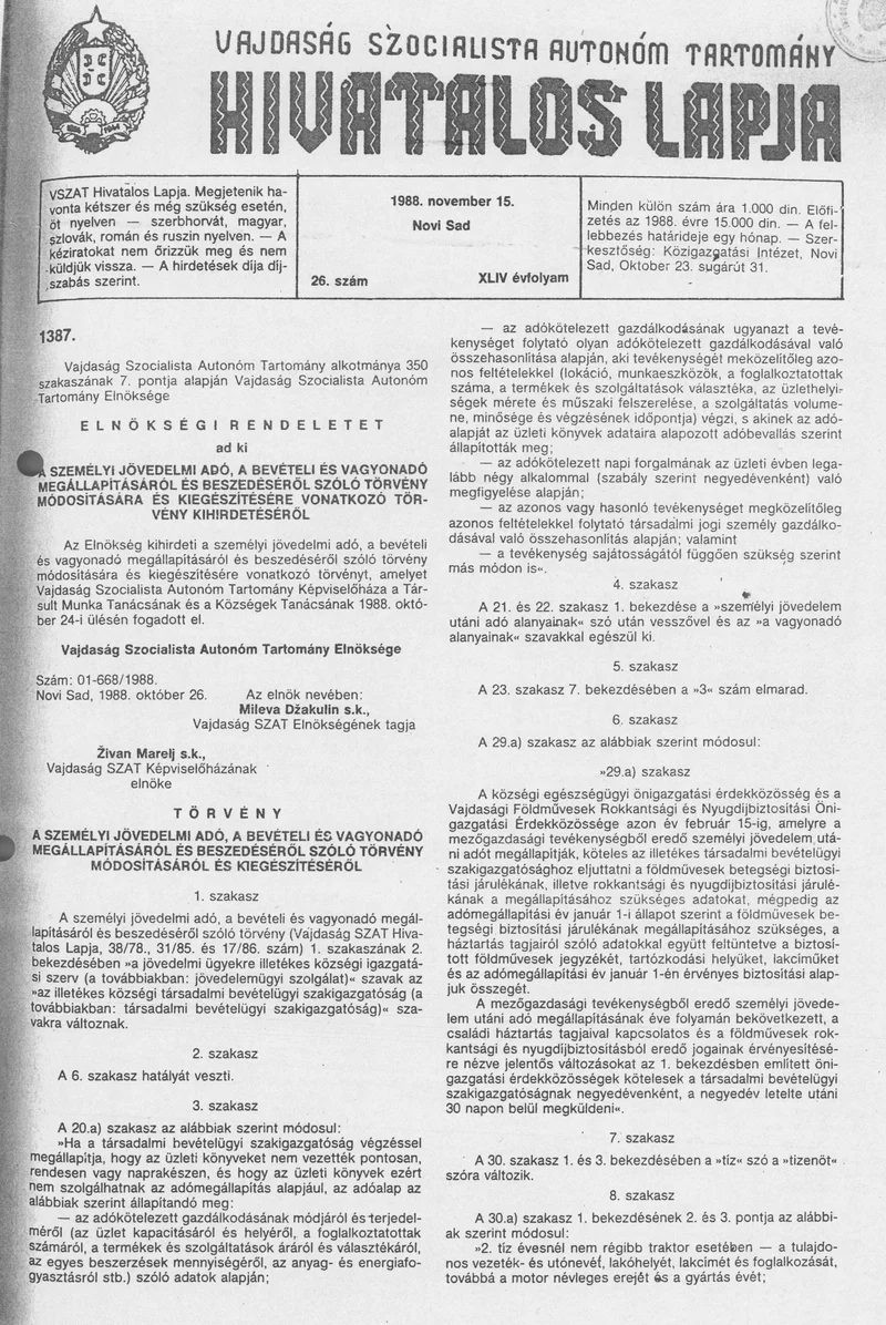 Vajdaság Szocialista Autonóm Tartomány Hivatalos Lapja, 44. évf. 1988. november 15. 26. sz.
