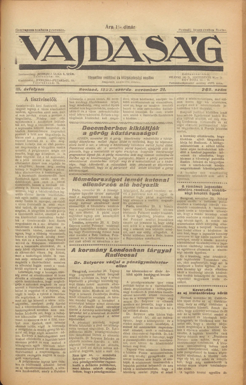 Vajdaság, 3. évf. 1923. november 21. 265. sz.