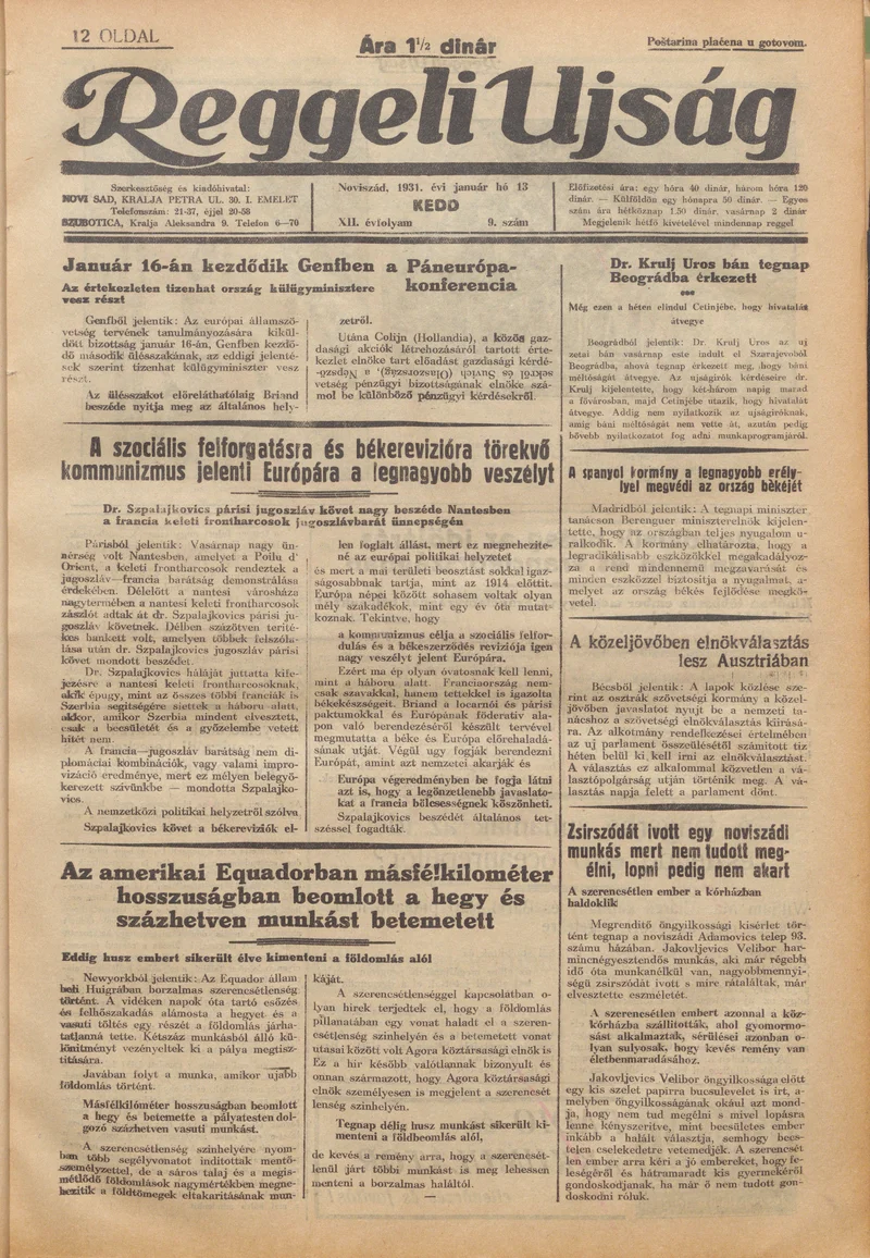 Reggeli Újság, 12. évf. 1931. január 13. 9. sz.