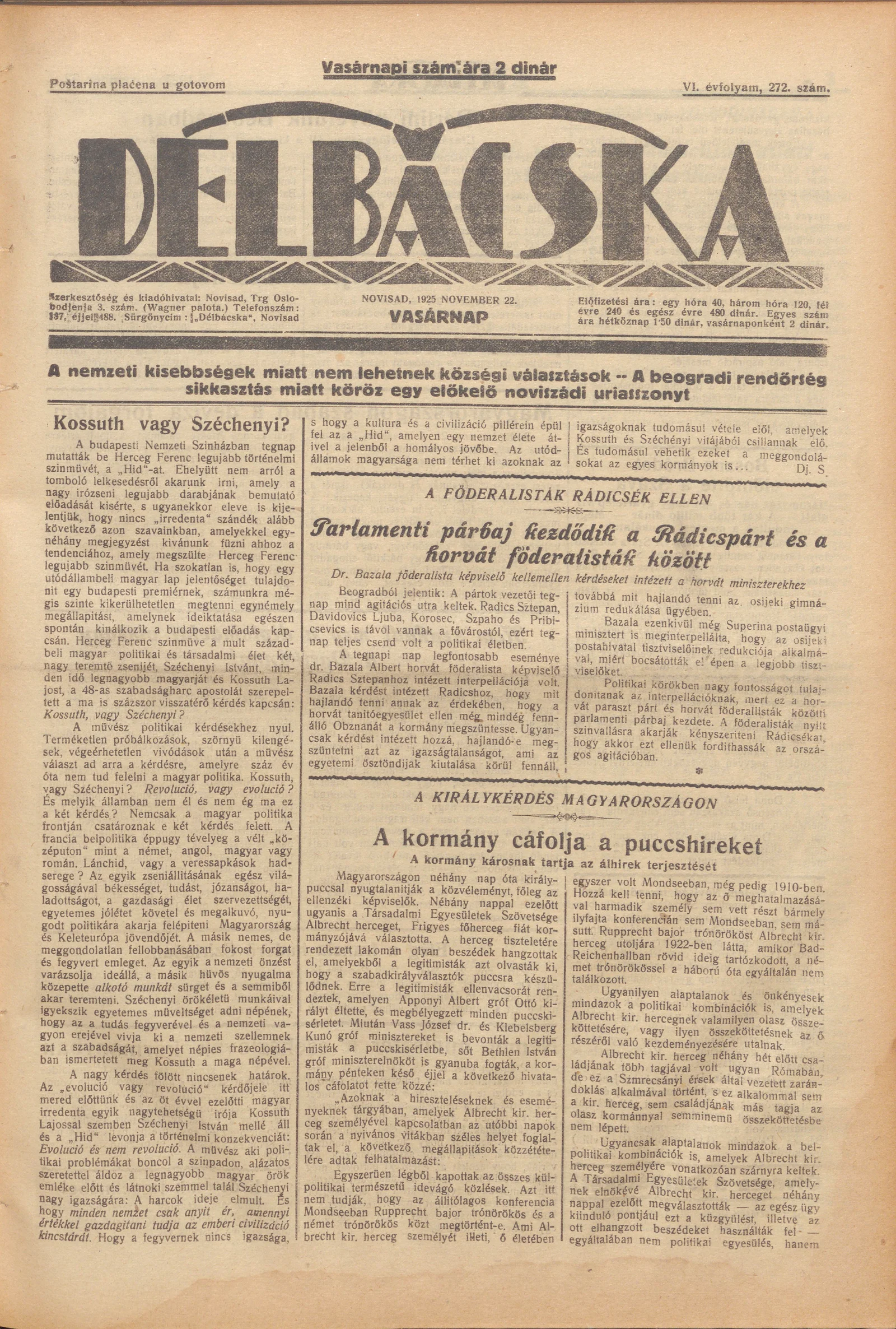 Délbácska, 6. évf. 1925. november 22. 272. sz.