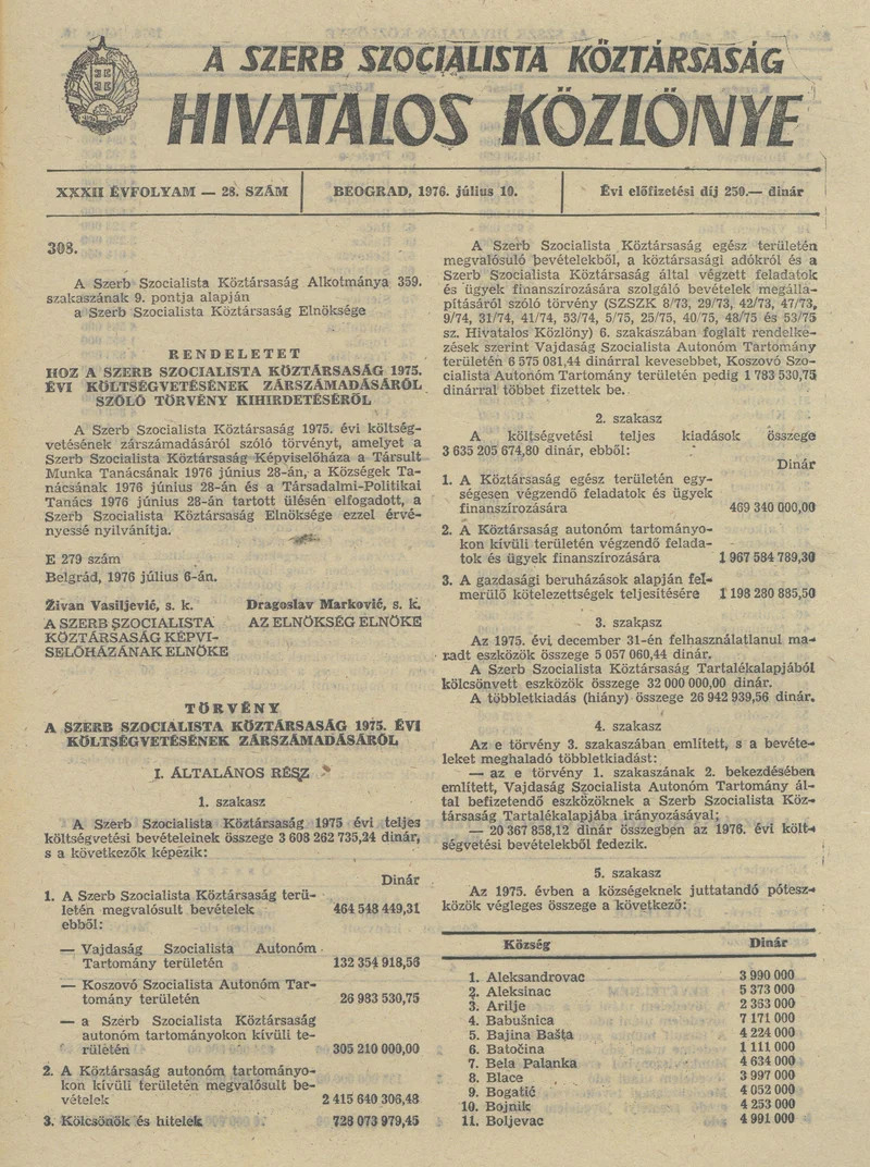 A Szerb Szocialista Köztársaság Hivatalos Közlönye, 32. évf. 1976. július 10. 28. sz. 833–888. oldal
