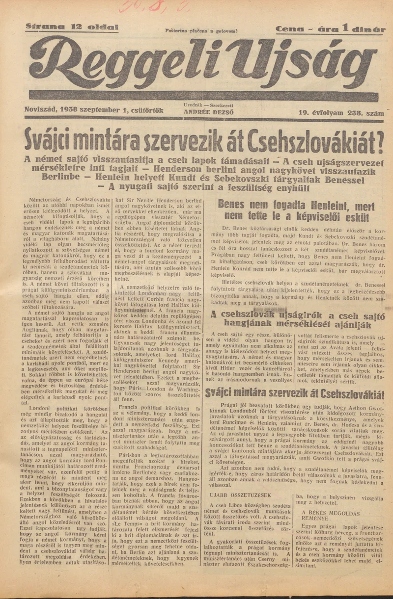 Reggeli Újság, 19. évf. 1938. szeptember 1. 238. sz.