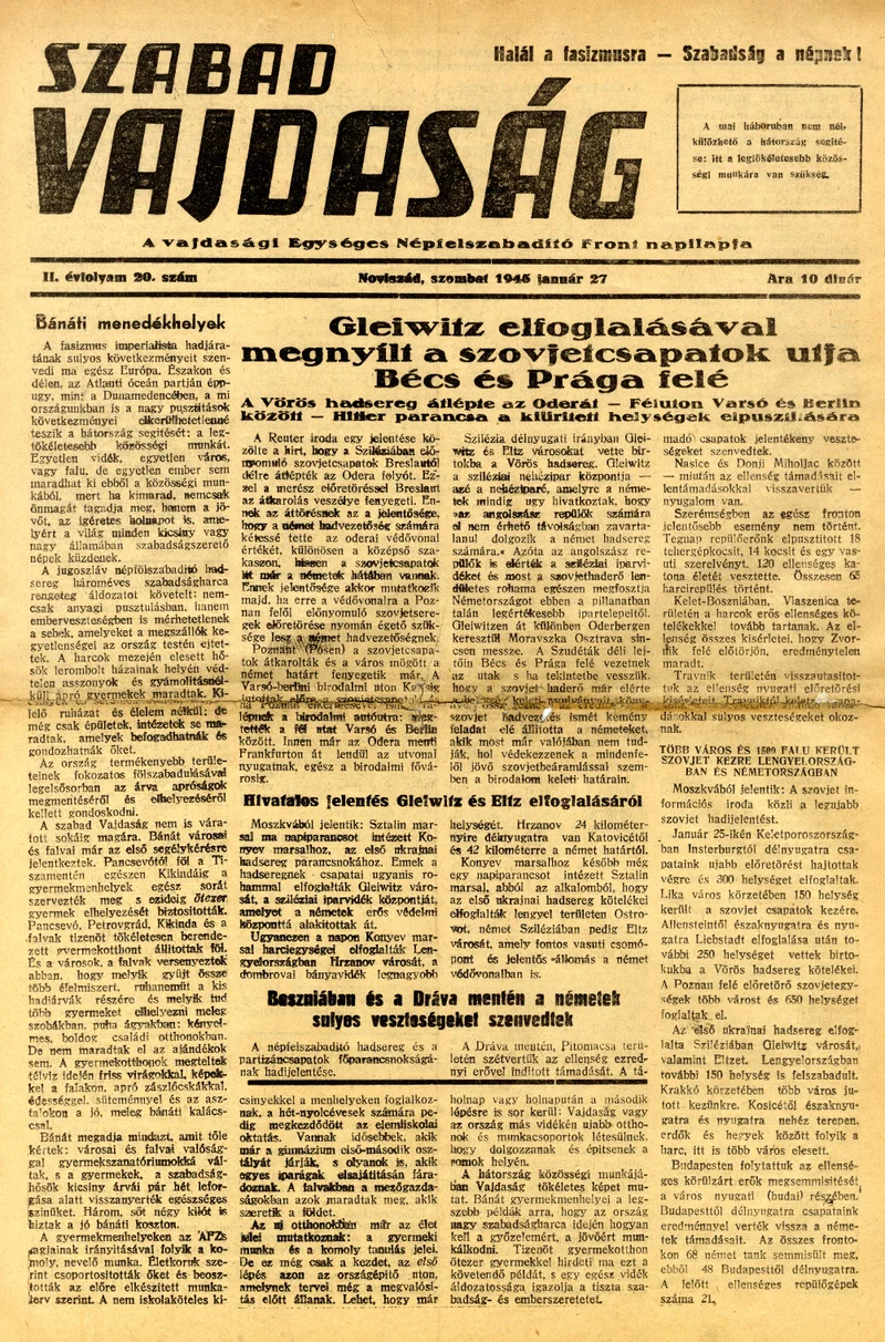 Szabad Vajdaság, 2. évf. 1945. január 27. 20. sz.