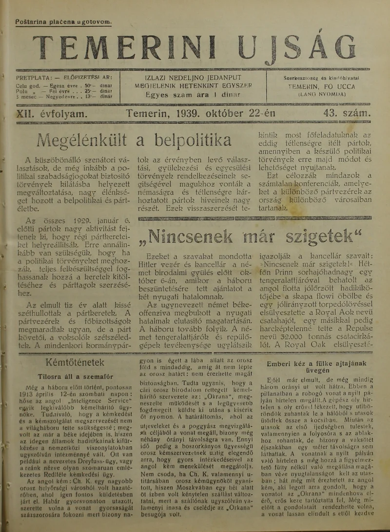 Temerini Újság 1928-1944, 12. évf. 1939. október 22. 43. sz.