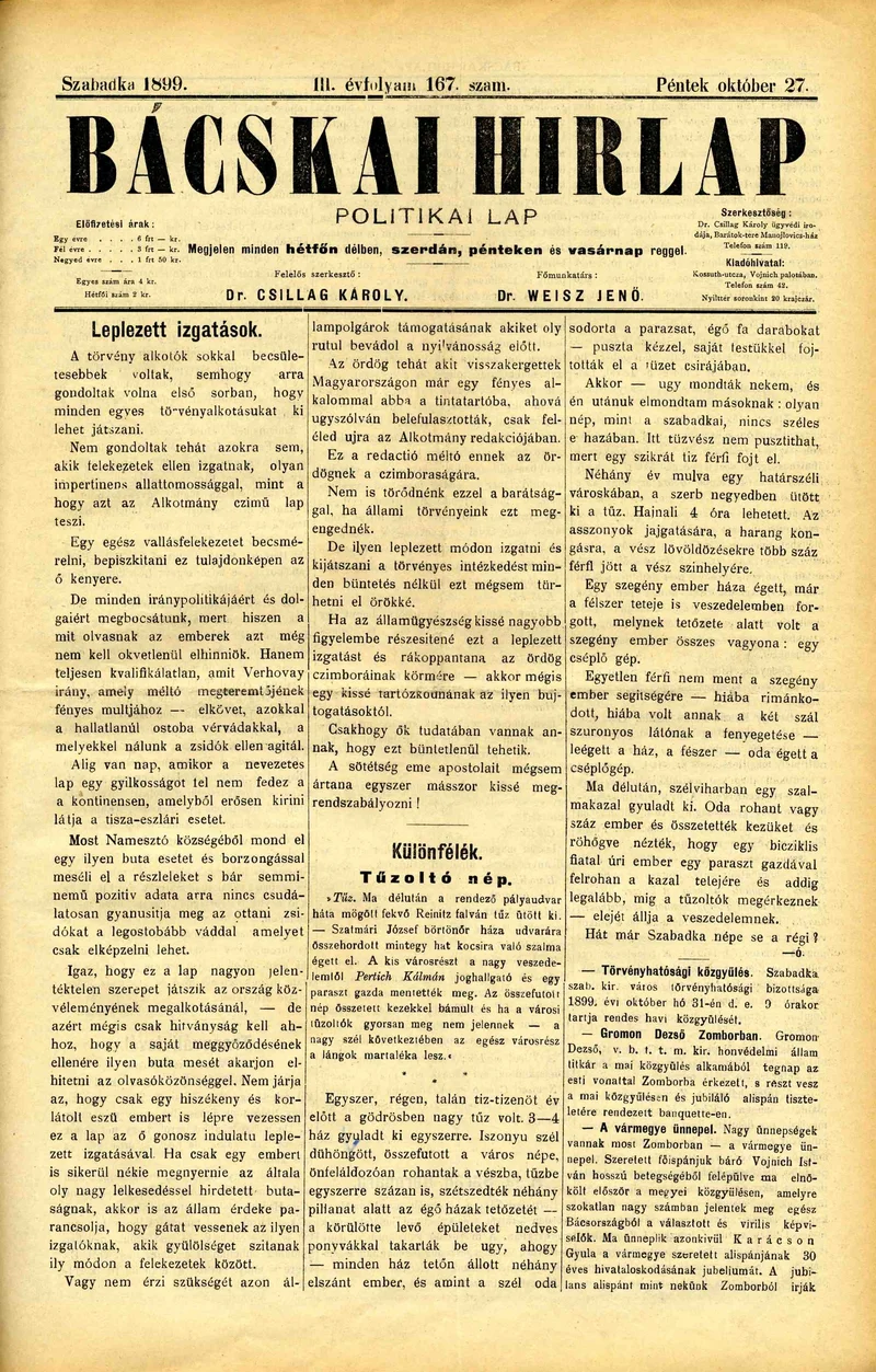 Bácskai Hirlap, 3. évf. 1899. október 27. 167. sz.