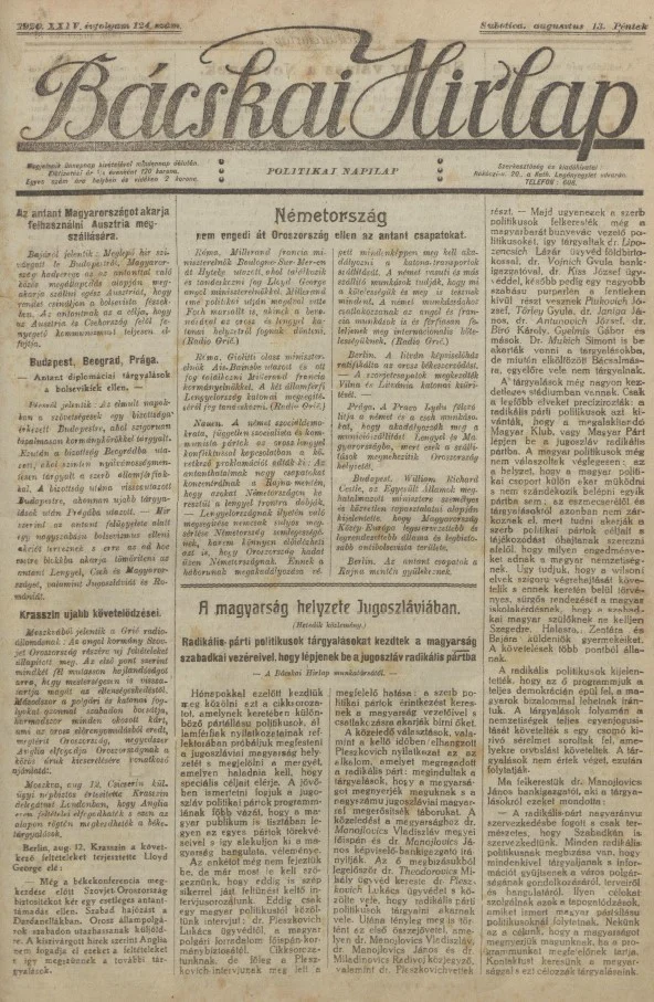 Bácskai Hirlap, 24. évf. 1920. augusztus 13. 124. sz.
