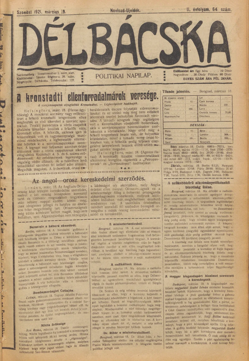 Délbácska, 2. évf. 1921. március 19. 64. sz.