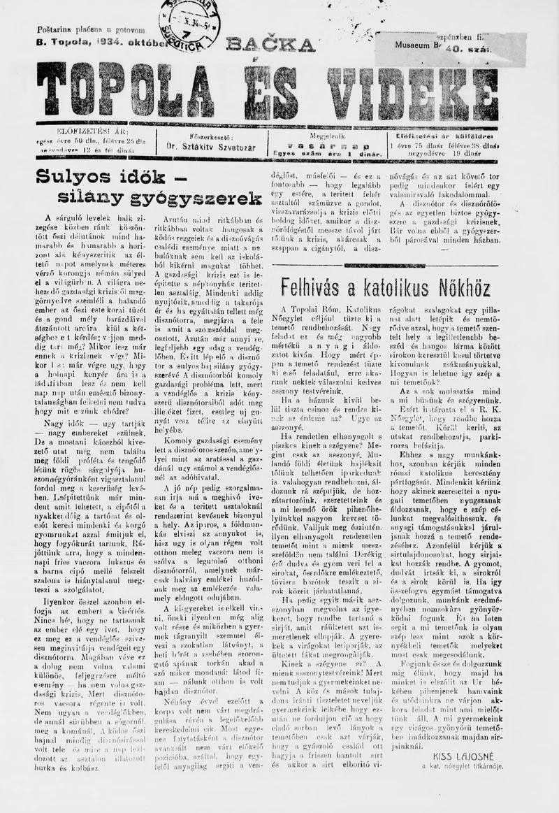 Bačka Topola és Vidéke, 11. évf. 1934. október 7. 40. sz.