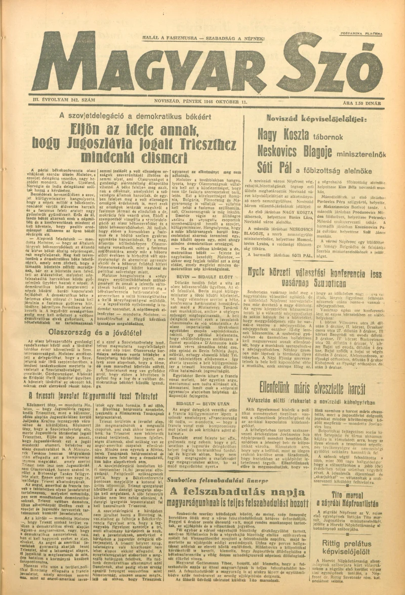 Magyar Szó, 3. évf. 1946. október 11. 242. sz. 1–4. oldal