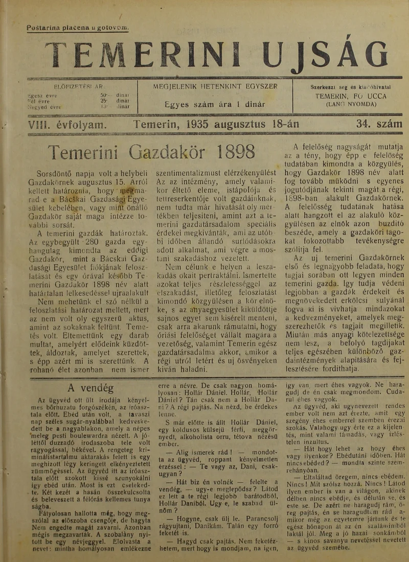 Temerini Újság 1928-1944, 8. évf. 1935. augusztus 18. 34. sz.