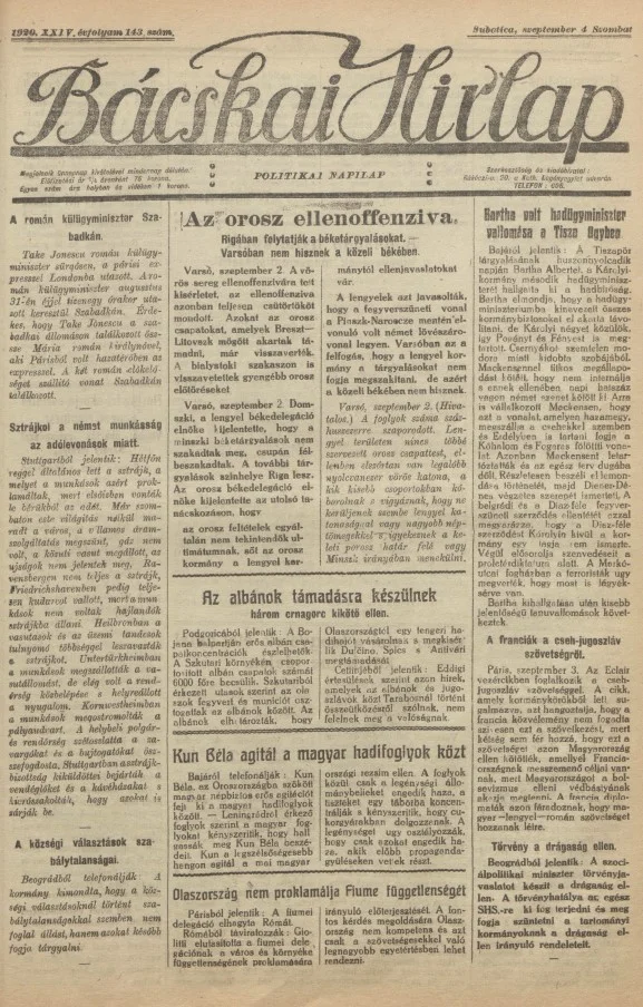 Bácskai Hirlap, 24. évf. 1920. szeptember 4. 143. sz.