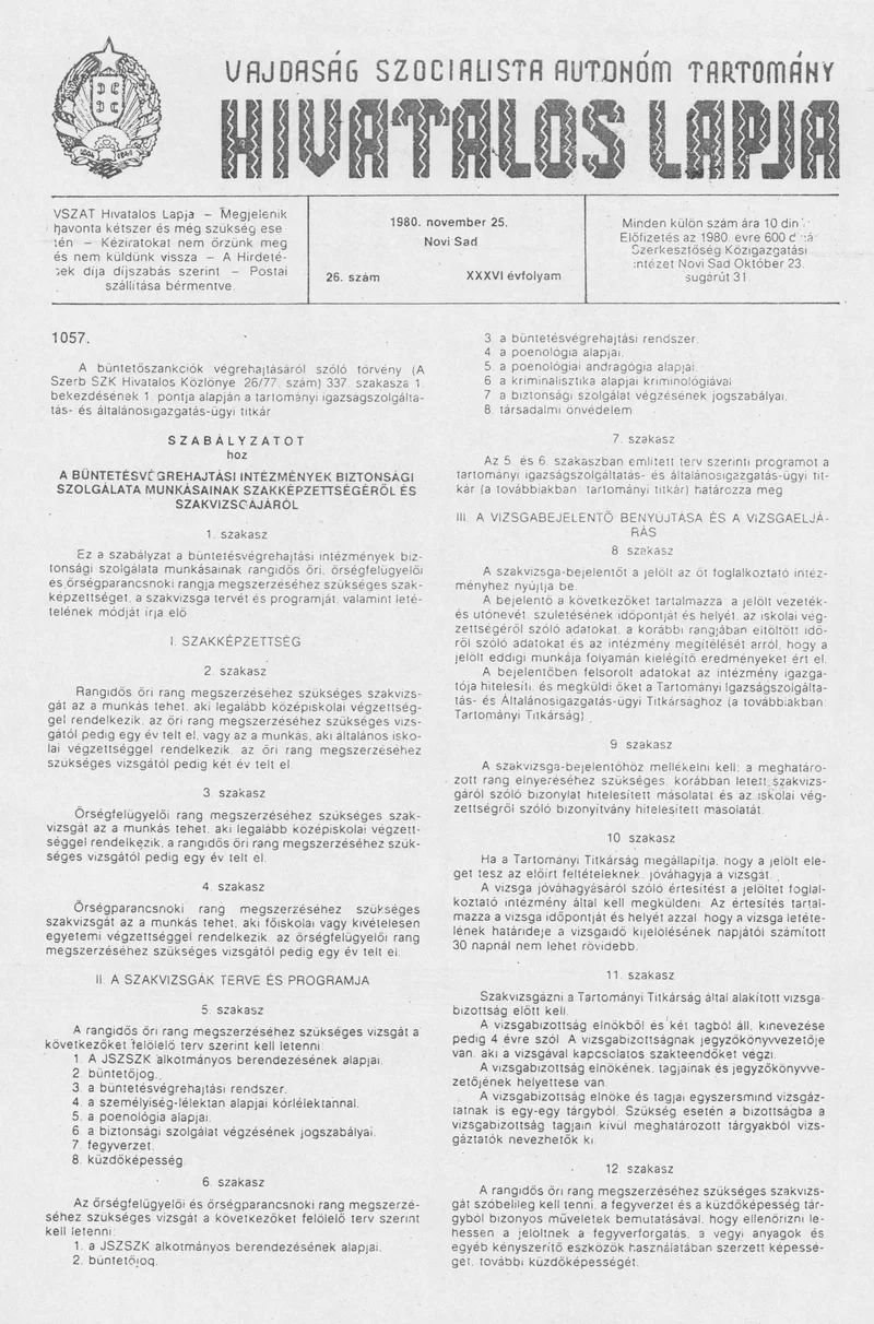Vajdaság Szocialista Autonóm Tartomány Hivatalos Lapja, 36. évf. 1980. november 25. 26. sz. 1187–1198. oldal