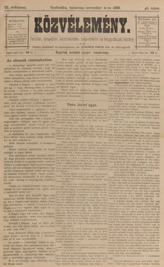 Közvélemény, 3. évf. 1888. november 11. 46. sz.