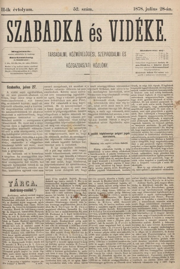 Szabadka és vidéke, 2. évf. 1878. július 28. 52. sz.