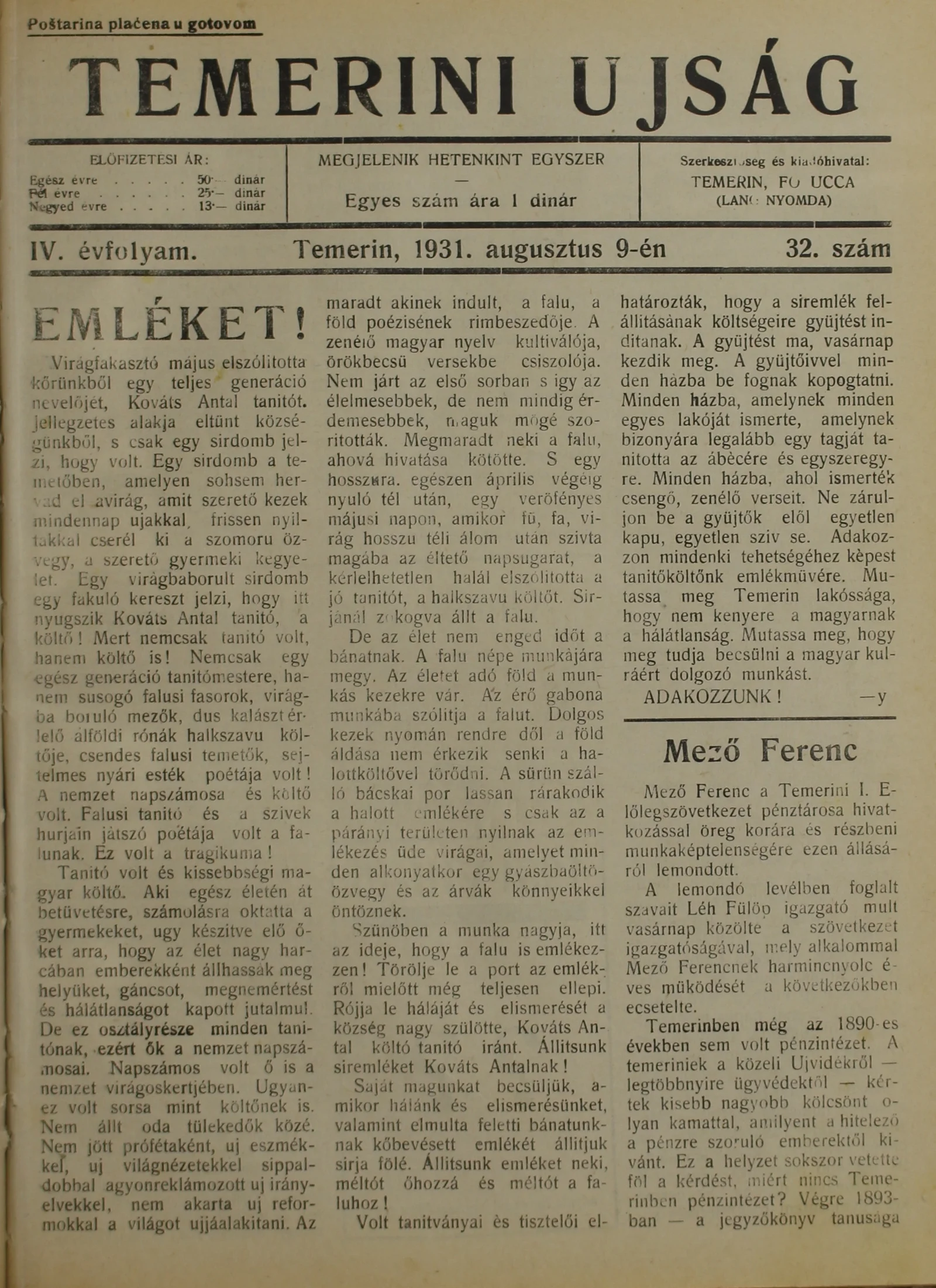 Temerini Újság 1928-1944, 4. évf. 1931. augusztus 9. 32. sz.