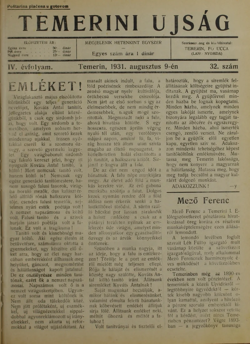 Temerini Újság 1928-1944, 4. évf. 1931. augusztus 9. 32. sz.