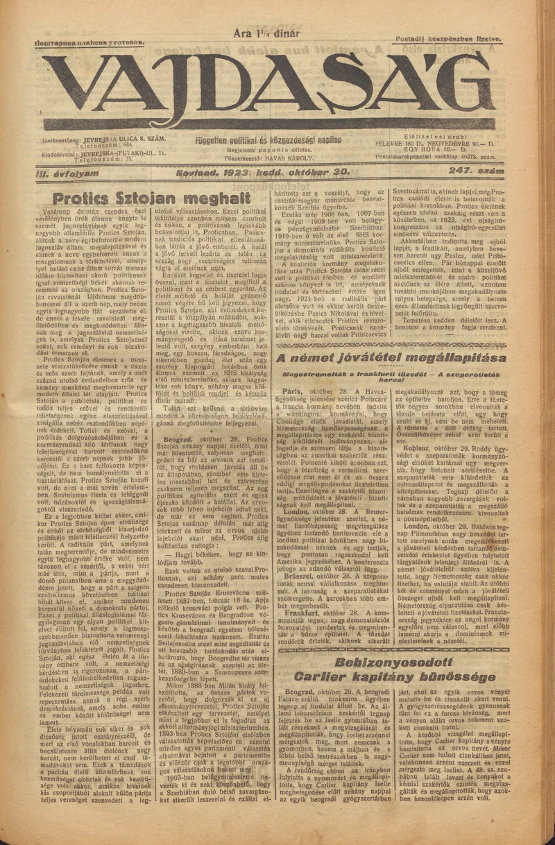 Vajdaság, 3. évf. 1923. október 30. 247. sz.