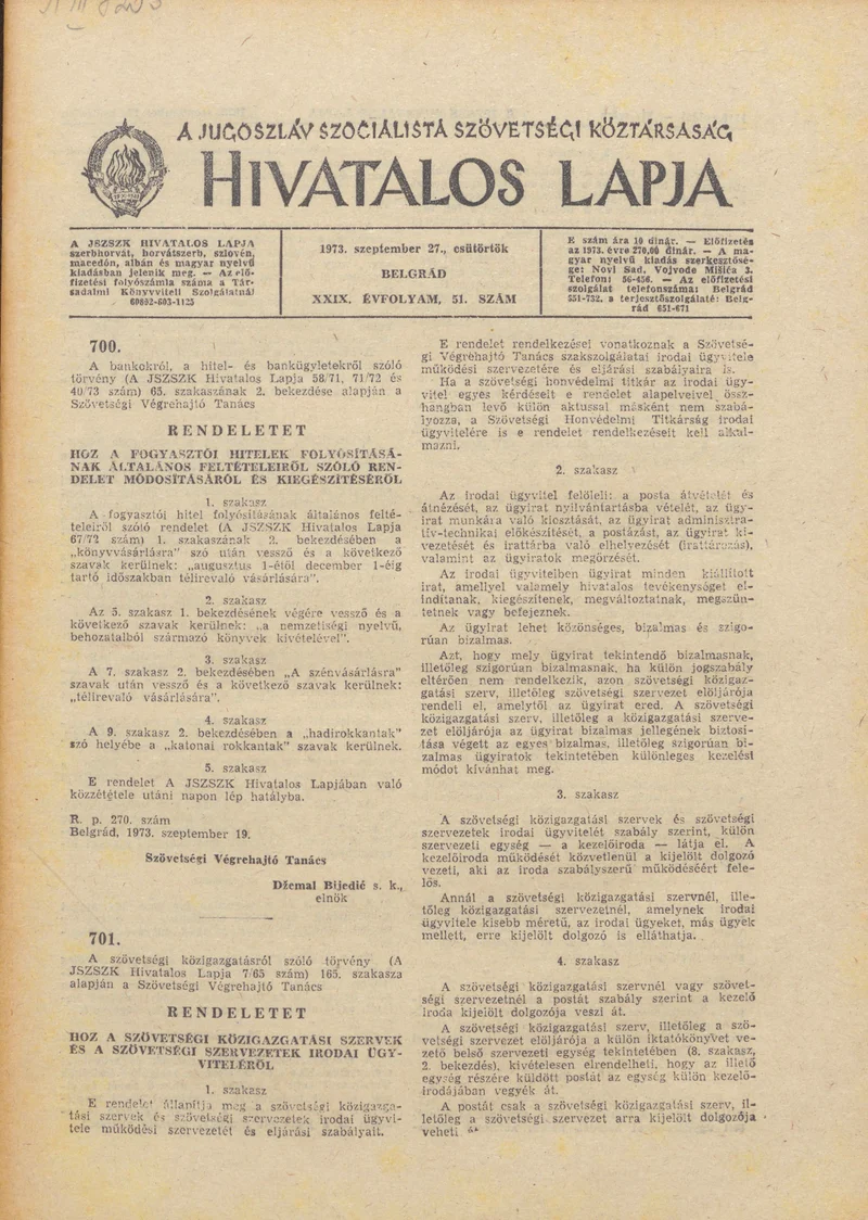 A Jugoszláv Szocialista Szövetségi Köztársaság Hivatalos Lapja, 29. évf. 1973. szeptember 27. 51. sz. 1517–1568. oldal