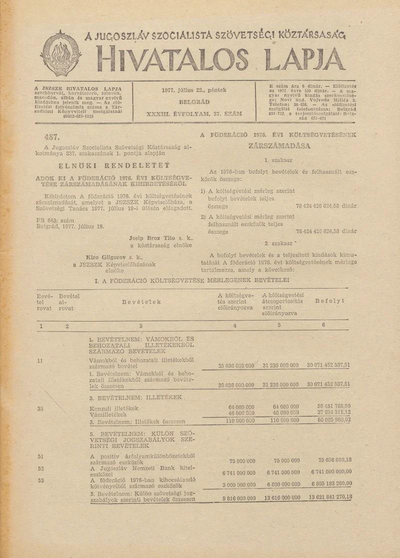 A Jugoszláv Szocialista Szövetségi Köztársaság Hivatalos Lapja, 33. évf. 1977. július 22. 37. sz. 1485–1508. oldal