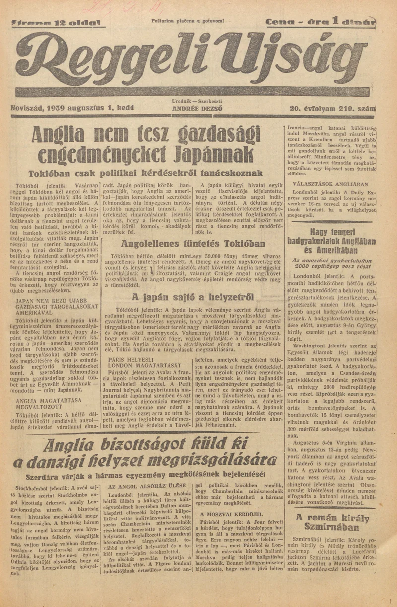 Reggeli Újság, 20. évf. 1939. augusztus 1. 210. sz.