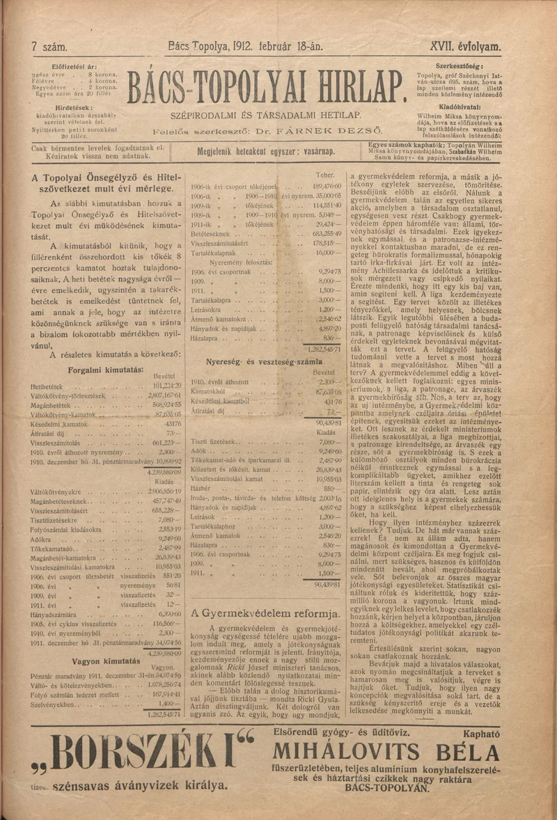Bács-Topolyai Hirlap, 17. évf. 1912. február 18. 7. sz.