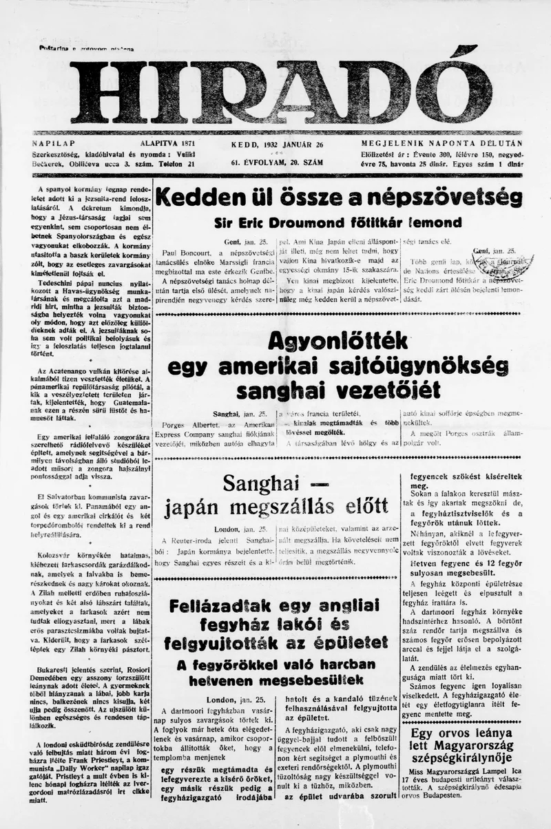 Híradó, 61. évf. 1932. január 26. 20. sz.