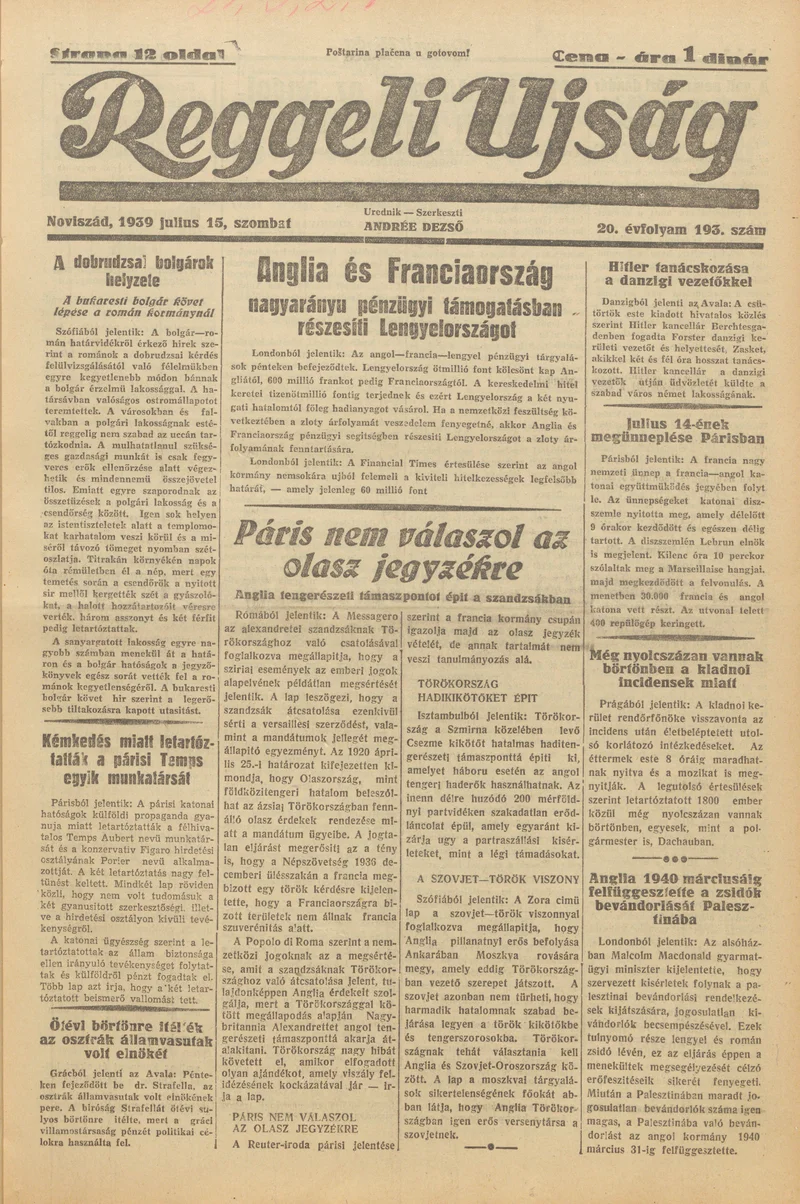Reggeli Újság, 20. évf. 1939. július 15. 193. sz.