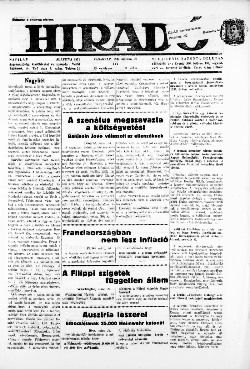 Híradó, 63. évf. 1934. március 25. 71. sz.