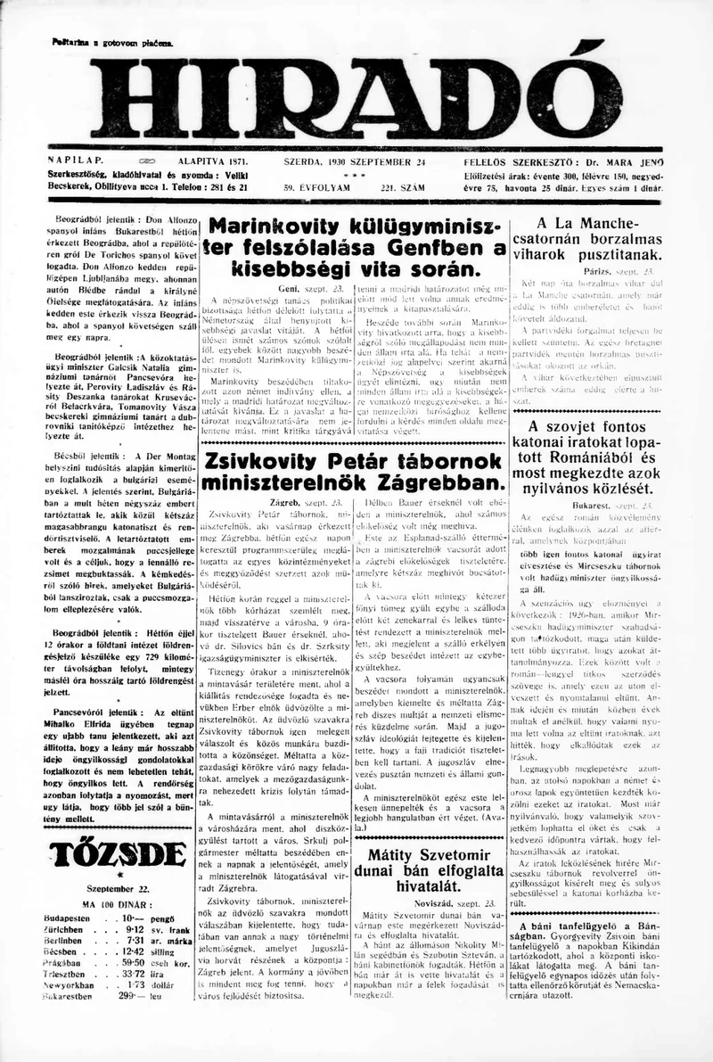 Híradó, 59. évf. 1930. szeptember 24. 221. sz.