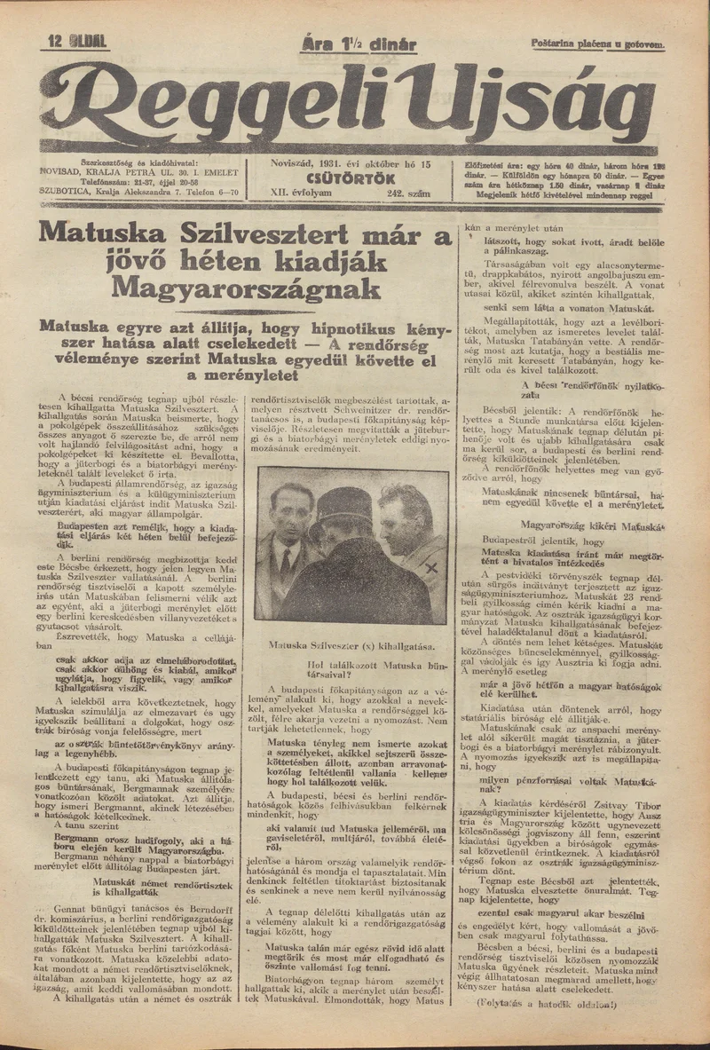Reggeli Újság, 12. évf. 1931. október 15. 242. sz.