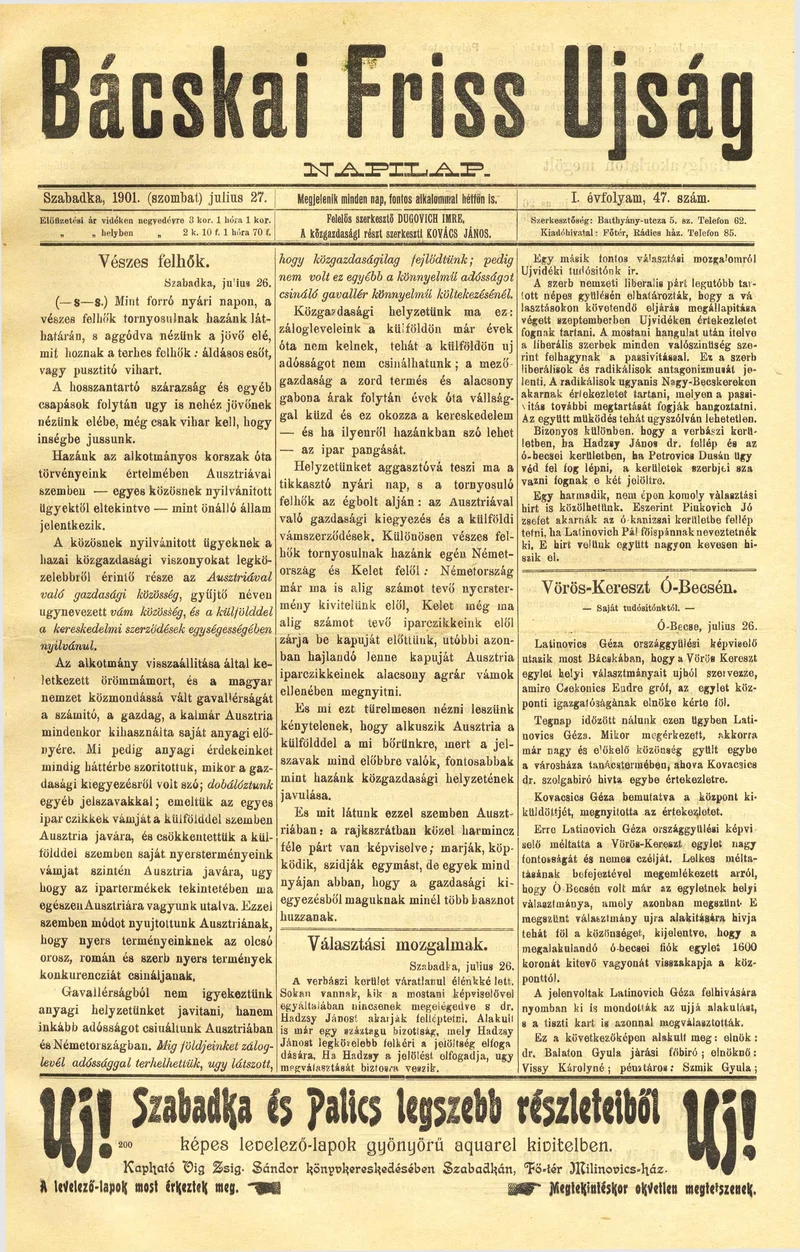 Bácskai Friss Ujság, 1. évf. 1901. július 27. 47. sz.