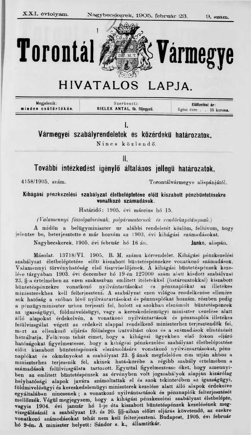 Torontál Vármegye Hivatalos Lapja, 21. évf. 1905. február 23. 9. sz.