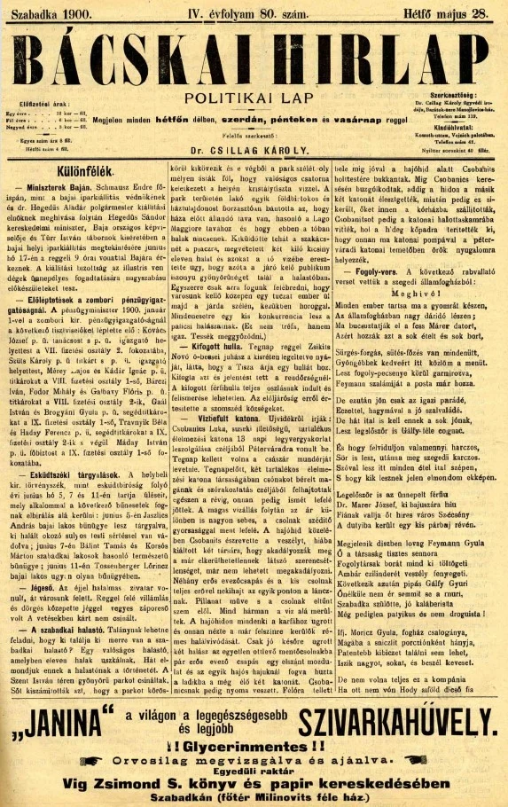 Bácskai Hirlap, 4. évf. 1900. május 28. 80. sz.