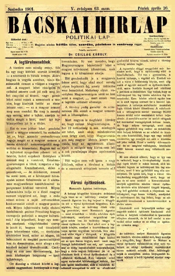 Bácskai Hirlap, 5. évf. 1901. április 26. 63. sz.