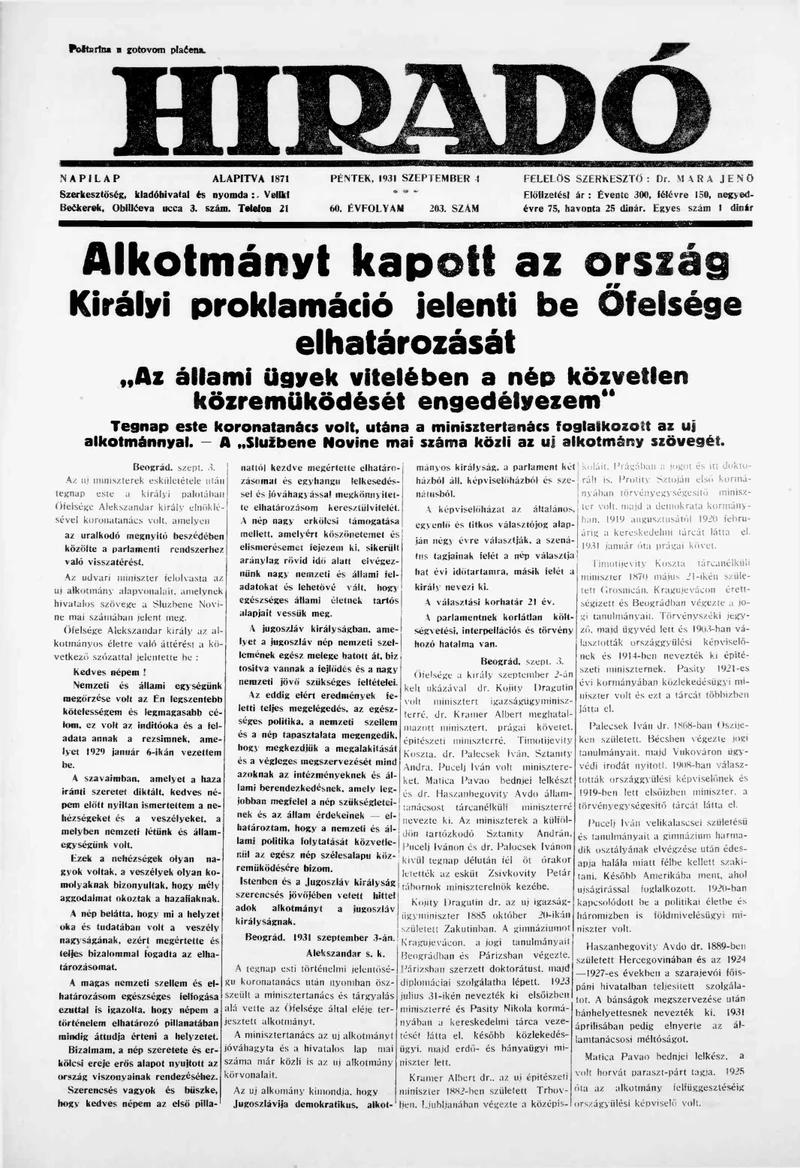 Híradó, 60. évf. 1931. szeptember 4. 203. sz.
