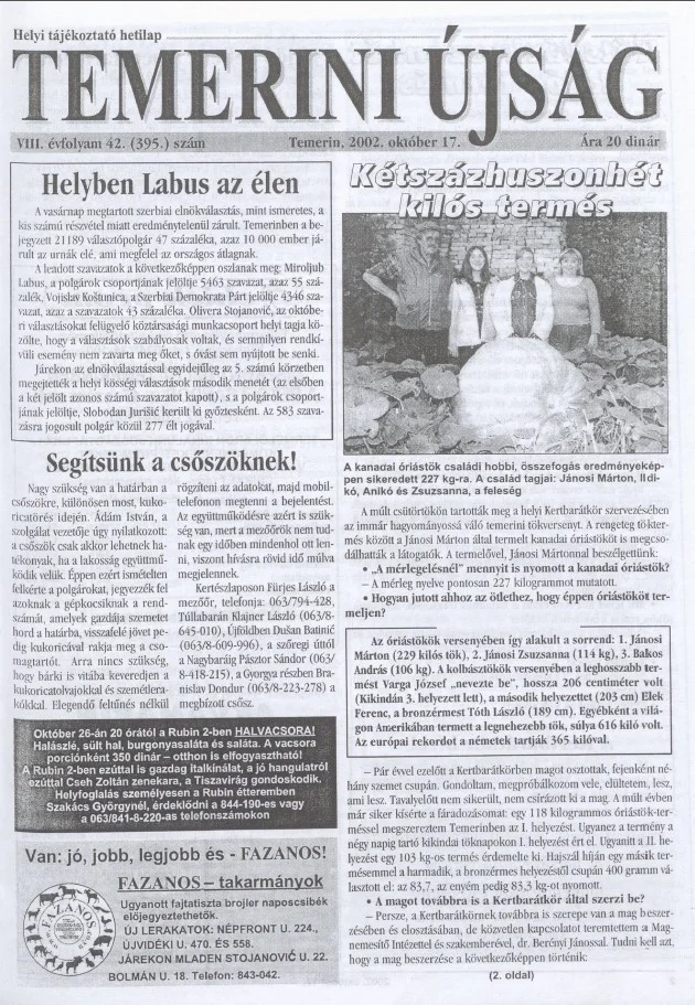 Temerini Újság, 8. évf. 2002. október 17. 42. sz.