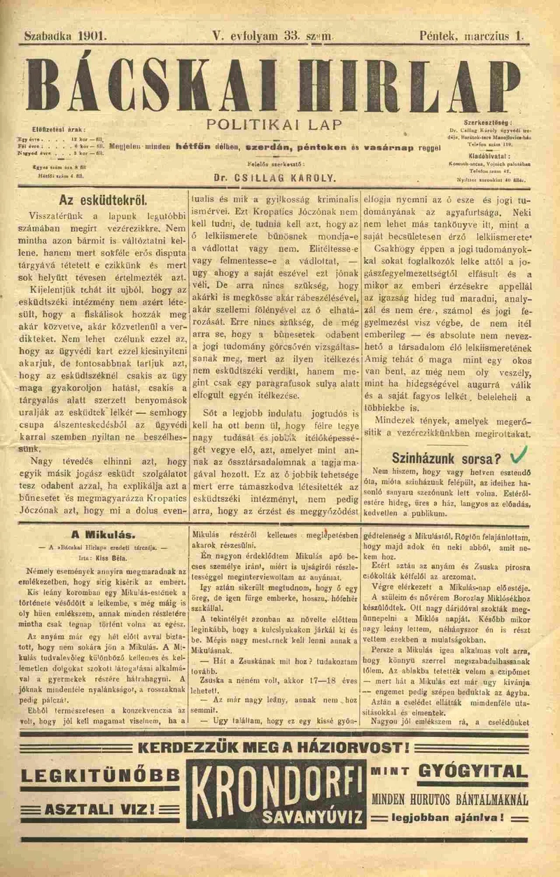 Bácskai Hirlap, 5. évf. 1901. március 1. 33. sz.